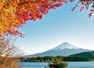 Cảnh quan n&uacute;i Ph&uacute; Sĩ v&agrave;o m&ugrave;a thu với những t&aacute;n l&aacute; đỏ rực rỡ dưới ch&acirc;n n&uacute;i