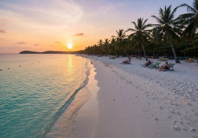 Toàn cảnh bãi biển đảo Phú Quốc lúc hoàng hôn với làn nước trong xanh ngọc bích, bãi cát trắng mịn, hàng dừa xanh đung đưa nhẹ nhàng, vài du khách thư giãn trên ghế tắm nắng, bầu trời nhuộm sắc cam hồng ấm áp, tạo nên khung cảnh yên bình tuyệt đẹp.