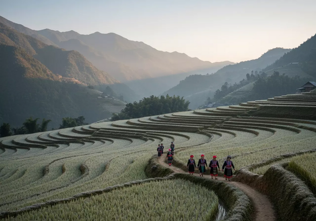 Toàn cảnh ruộng bậc thang Sa Pa phủ sương giá nhẹ vào buổi sớm, những dãy núi trùng điệp phía xa, vài người dân tộc thiểu số trong trang phục truyền thống đang đi trên lối mòn, tạo nên khung cảnh yên bình và huyền ảo.