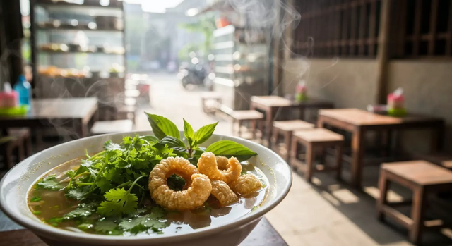 Hình ảnh chân thực một tô Bún hến Mai Xá với nước dùng đậm đà, rau sống tươi xanh, tóp mỡ giòn rụm và khói bốc lên nghi ngút trong không gian ẩm thực mộc mạc của Việt Nam.